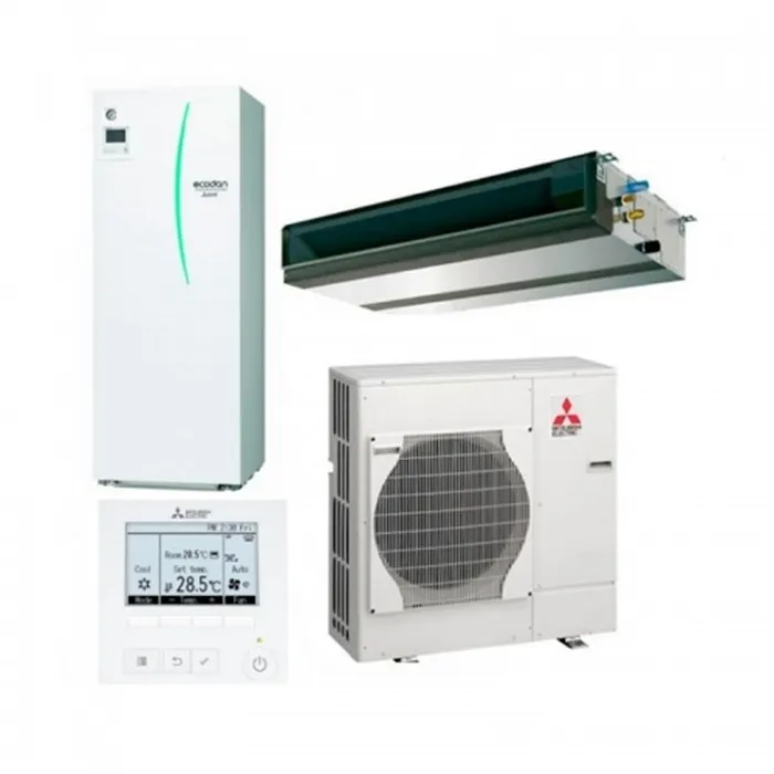 Equipo de aerotermia Mitsubishi Electric Ecodan: unidad interior, unidad de conductos, unidad exterior y mando