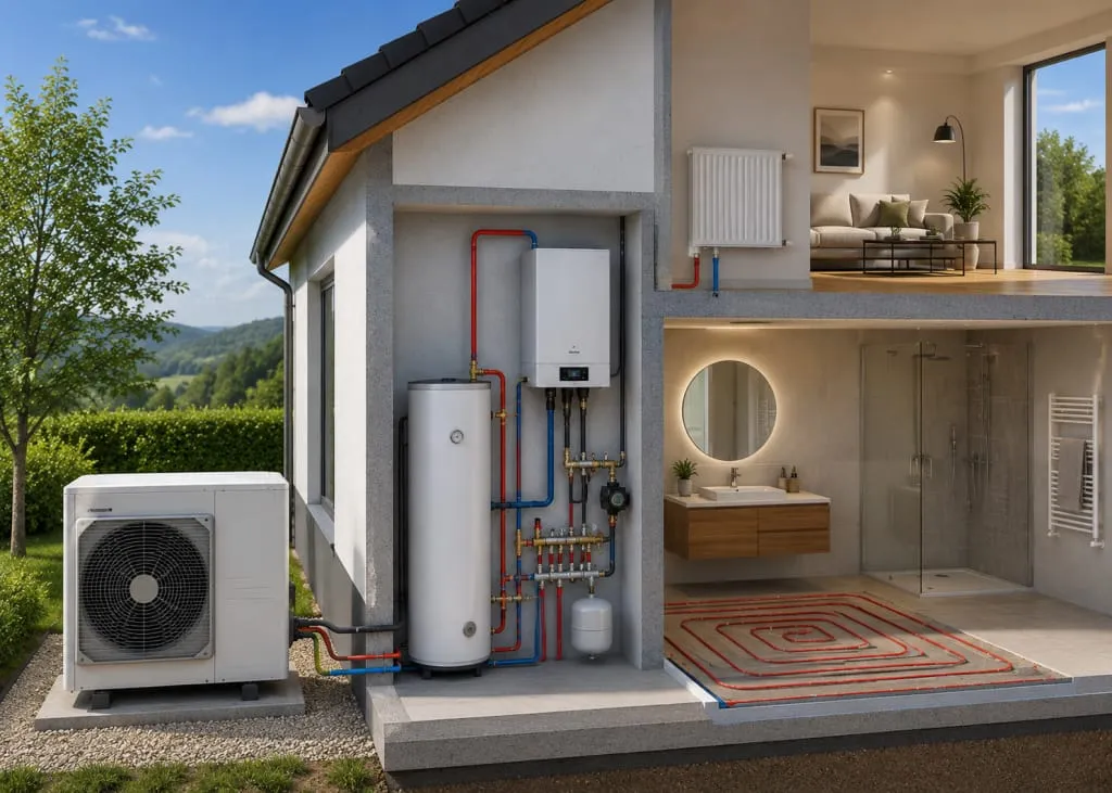 Vivienda con aerotermia: bomba de calor en el exterior, depósito de agua caliente e hidráulica en el cuarto técnico, suelo radiante en el baño y radiador en el salón