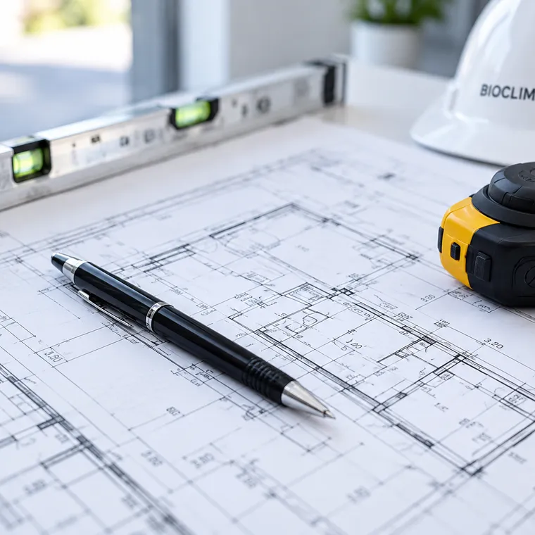 Plano de vivienda con nivel, flexómetro y casco de BioClima21 sobre la mesa