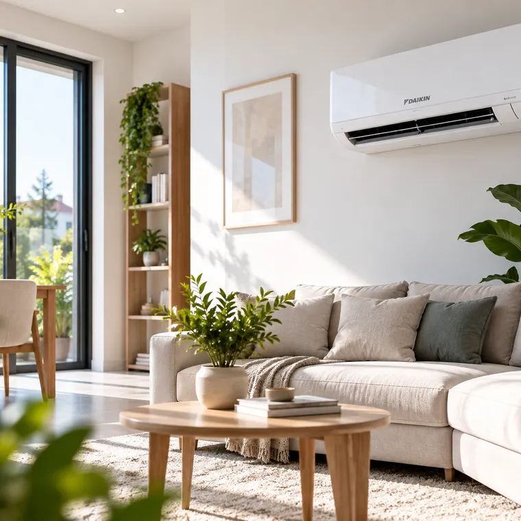 Salón de una vivienda con la unidad interior ya instalada y la obra recogida