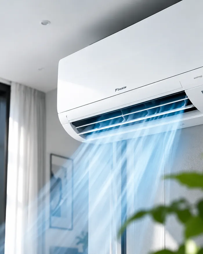 Unidad interior Daikin funcionando en el salón de una vivienda